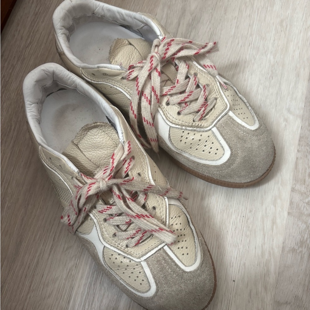 ALOHAS Beige and White Suede-Panel Sneakers with Red-Accented Laces